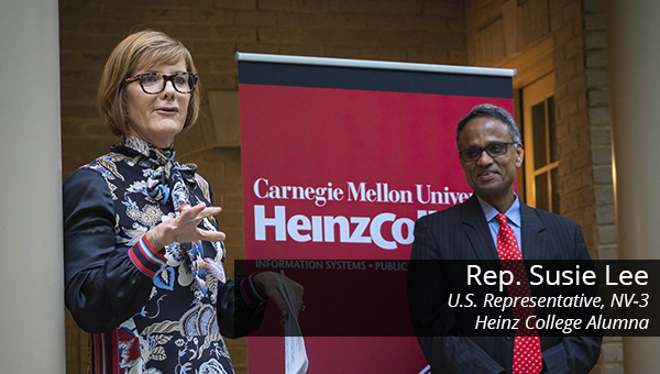 Nevada Representative Susie Lee at an event alongside Heinz College Dean Ramayya Krishnan